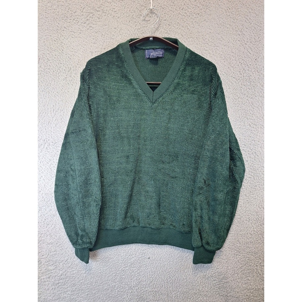 Sigallo Sweater Mens Large Green Textured Knit Acrylic Ribbed Hem Classic V Neck